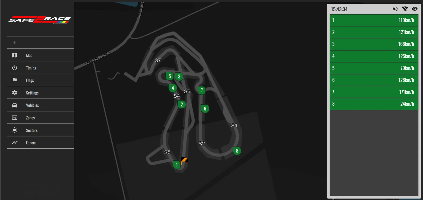 Race control software showing every car’s live speed